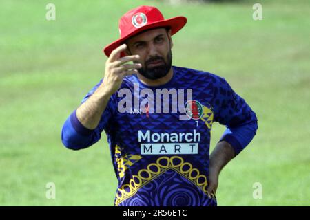 Mohammad Nabi, Afghanistan star player during Practice session at Sher-e-Bangla National Cricket Stadium, Mirpur, Dhaka, Bangladesh. Stock Photo