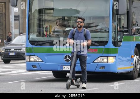 Bergamo, . 01st June, 2023. 2023 for scooters despite increased controls and tougher penalties, many accidents still cause careless use. In 2 on the same vehicle, high speed on the sidewalks and with the cell phone in hand. Credit: Independent Photo Agency/Alamy Live News Stock Photo