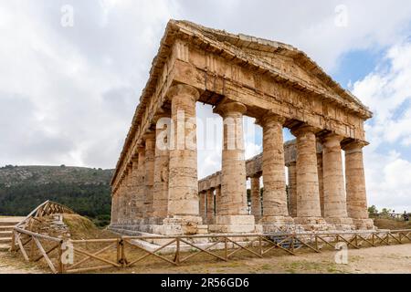 View of  Segesta. The Temple  Segesta, is the best preserved Greek Doric temple of Sicily, Italy. Stock Photo