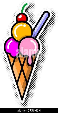 Melting ice cream balls in the waffle cone. Vector in comic book style on transparent background. Stock Vector