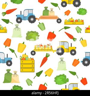 Agriculture Harvesting vector seamless pattern. Agricultural Tractor, bag, carrot, cabbage, pepper. Fresh farm harvested vegetables in wooden box. Agr Stock Vector