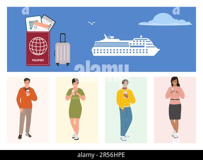 Tourist People Cruise ship Summer vacation Sea cruise Voyage concept. Man Woman Adventure Tourism Luggage Ticket Passport Travel transport concept. We Stock Vector