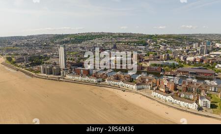 Editorial Swansea, UK - May 21, 2023: Drone view of Swansea City showing the Arena, Marina and the LC2 leisure centre Stock Photo