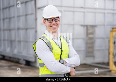 Male engineer using tablet while wearing equipment safety vest Stock Photo