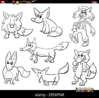 Black and white cartoon illustration of foxes animal characters set coloring page Stock Vector