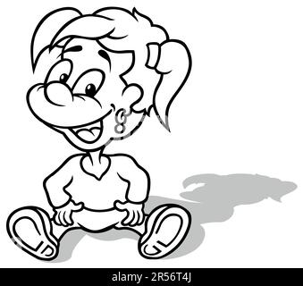 Drawing of a Sitting Little Girl with Ponytails Stock Vector