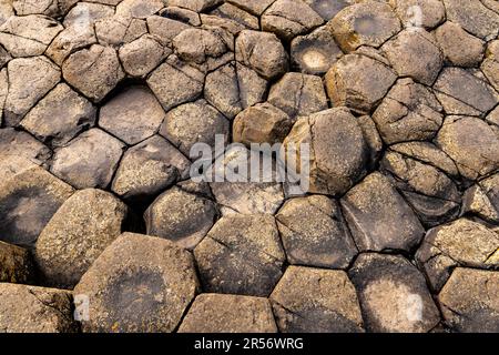 Interlocking basalt formations at the Giant's Causeway, Bushmills, County Antrim, Northern Ireland, a famous UNESCO World Heritage Site. Stock Photo