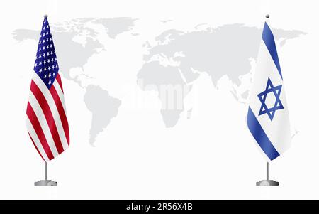 United States and Israel flags for official meeting against background of world map. Stock Vector