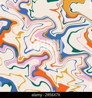 Colorful abstract psychedelic waves background. Cool groovy square template for social media post. Funky retro backdrop with curve lines on 60s-70s Stock Vector