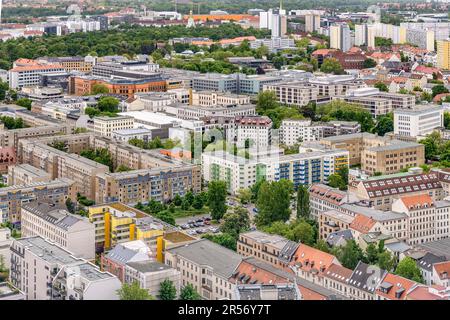 Aerial views from Leipzig's Panorama Tower. The city was badly bombed at the end of WWII so most of what you can see has been rebuilt since then. Stock Photo