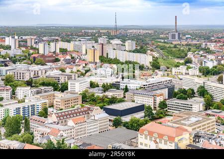 Aerial views from Leipzig's Panorama Tower. The city was badly bombed at the end of WWII so most of what you can see has been rebuilt since then. Stock Photo