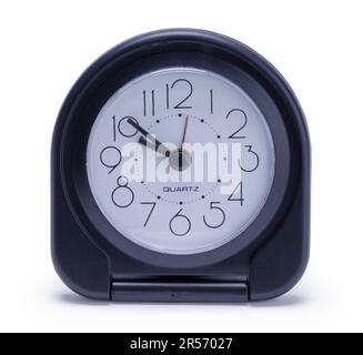 Black Travel Alarm Clock Cut Out on White. Stock Photo