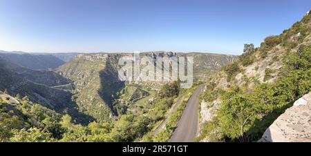 Panoramic of the center of the circus of Navacelles, with the rock of the virgin, in Hérault, Occitanie, France Stock Photo