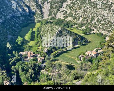 Center of the circus of Navacelles, with the rock of the virgin, in Hérault, Occitanie, France Stock Photo