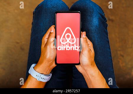 Brazil. 27th May, 2023. In this photo illustration, the Airbnb logo is displayed on a smartphone screen. (Credit Image: © Rafael Henrique/SOPA Images via ZUMA Press Wire) EDITORIAL USAGE ONLY! Not for Commercial USAGE! Stock Photo