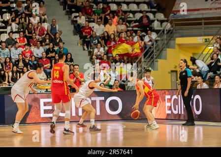 vigo, Spain. May, 26th, 2023. spanish players recover the ball and get another shot over the basket of the chinese team.  Credit: Xan Gasalla / Alamy Stock Photo