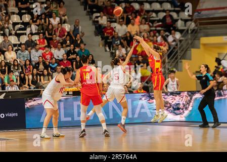 vigo, Spain. May, 26th, 2023. spanish players recover the ball and get another shot over the basket of the chinese team.  Credit: Xan Gasalla / Alamy Stock Photo