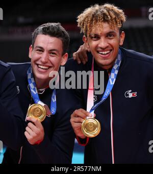 AUG 7, 2021 - Tokyo, Japan: Jenia GREBENNIKOV and Barthelemy CHINENYEZE of Team France win the Gold Medal in the Volleyball Men's tournament at the Tokyo 2020 Olympic Games (Photo: Mickael Chavet/RX) Stock Photo