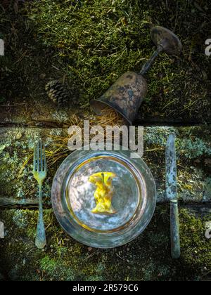 Artistic rustic rusty plate knife and fork on mossy table with apple core Stock Photo