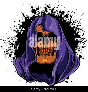 Hood skull. Dead head in cowl, evil skeleton face hand drawn vector ...