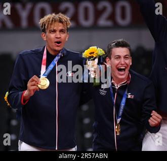 AUG 7, 2021 - Tokyo, Japan: Barthelemy CHINENYEZE and Jenia GREBENNIKOV of Team France win the Gold Medal in the Volleyball Men's tournament at the Tokyo 2020 Olympic Games (Photo: Mickael Chavet/RX) Stock Photo