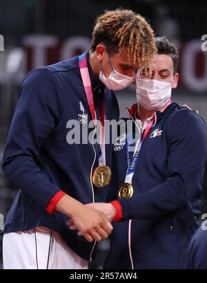 AUG 7, 2021 - Tokyo, Japan: Barthelemy CHINENYEZE and Jenia GREBENNIKOV of Team France win the Gold Medal in the Volleyball Men's tournament at the Tokyo 2020 Olympic Games (Photo: Mickael Chavet/RX) Stock Photo