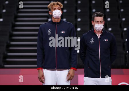 AUG 7, 2021 - Tokyo, Japan: Barthelemy CHINENYEZE and Jenia GREBENNIKOV of Team France win the Gold Medal in the Volleyball Men's tournament at the Tokyo 2020 Olympic Games (Photo: Mickael Chavet/RX) Stock Photo