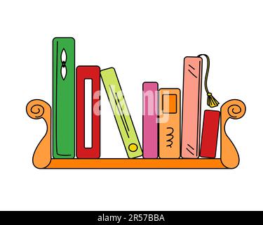 Neat bookshelf with various colorful books doodle Stock Vector