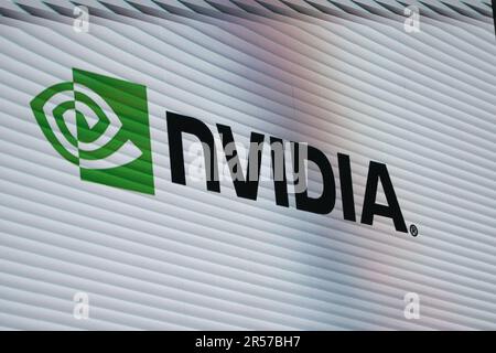 Taipei, Taiwan. 01st June, 2023. NVIDIA logo at supermicro keynote during the COMPUTEX 2023. The COMPUTEX 2023 runs from 30 May to 02 June 2023 and gathers over 1,000 exhibitors from 26 different countries with 3000 booths to display their latest products and to sign orders with foreign buyers. (Photo by Walid Berrazeg/SOPA Images/Sipa USA) Credit: Sipa USA/Alamy Live News Stock Photo