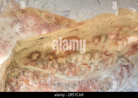 Prehistoric art - handprints in Cueva de las Manos cave and complex of rock art sites in Santa Cruz province, Argentina Stock Photo