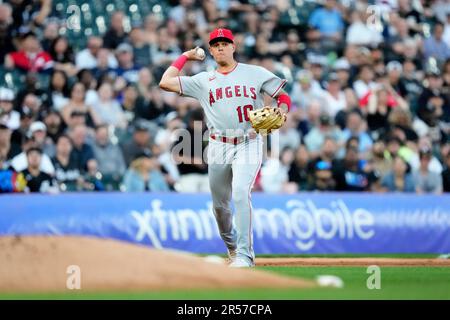 Los Angeles Angels' Gio Urshela throws to first in a baseball game