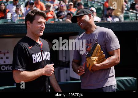 Maryland Gov. Wes Moore dons the Orioles City Connect hat prior to a  baseball game between the Baltimore Orioles and the Texas Rangers,  Saturday, May 27, 2023, in Baltimore. (AP Photo/Julio Cortez Stock Photo -  Alamy
