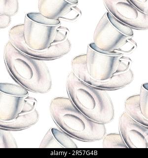 Watercolor tea saucer, white tea cup, tea seamless pattern. Isolated tea set on a white background for textile design, fabrics, wallpaper, packaging, Stock Photo