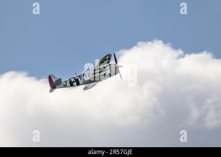 Republic P-47D Thunderbolt “Nellie B” airborne at the Abingdon Air & Country Show on the 20th May 2023. Stock Photo