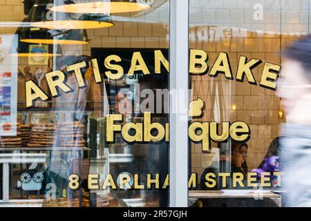 Sign on window of Fabrique Artisan Bakery in Earlham Street, London. Stock Photo