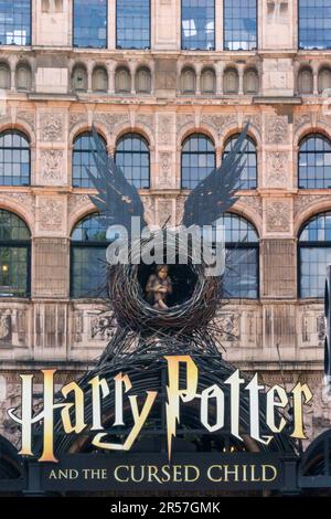 Sign for Harry Potter and the Cursed Child outside the Palace Theatre, London.  Play written by Jack Thorne based on a story by J. K. Rowling. Stock Photo