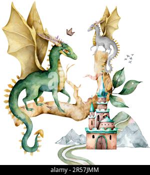 Dragons and castle watercolor illustration. Fairy tale print Stock ...