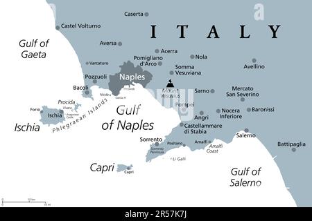 Gulf of Naples, gray political map. Bay of Naples, located along south-western coast of Italy, opening to the Tyrrhenian Sea. Stock Photo