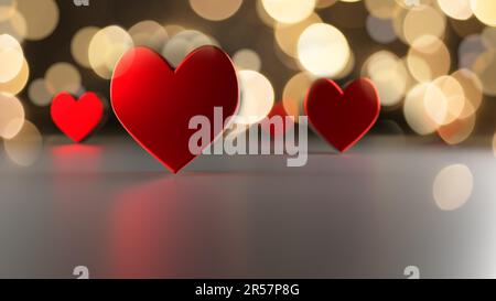 Red heart shapes with bokeh effect and reflections, 3d rendering, love or Valentines day concept Stock Photo