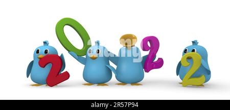 Cute blue bird team with year number 2022, New Year concet, 3d rendering Stock Photo