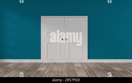 Traditional room with a white door on a turquoise wall! moving concept background, 3d rendering Stock Photo