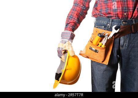 Construction worker with toolbelt on white Stock Photo