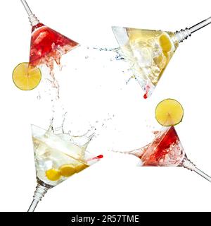 Set of martini cocktails with splash and lime isolated on white Stock Photo