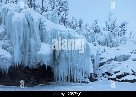 Icicles on the shore of Lake Tornetraesk, Lapland, Sweden Stock Photo