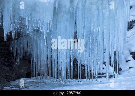 Icicles on the shore of Lake Tornetraesk, Lapland, Sweden Stock Photo