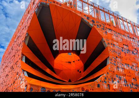 The Orange Cube, Pavillon des Salins, Le Cube Orange, by Jakob and MacFarlane, La Confluence Quarter, Lyon, Rhone-Alpes Region, Rhone, France Stock Photo