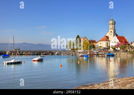 Castle and church, St. George, moated castle, Lake Constance, Bavaria, Germany Stock Photo