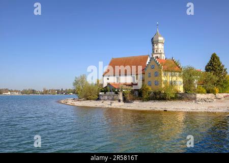 Castle and church, St. George, moated castle, Lake Constance, Bavaria, Germany Stock Photo