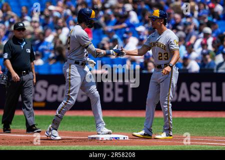 Milwaukee, United States Of America. 08th Apr, 2023. April 8, 2023: St.  Louis Cardinals first baseman Paul Goldschmidt (46) and Milwaukee Brewers  first base coach Quintin Berry (23) share a laugh as