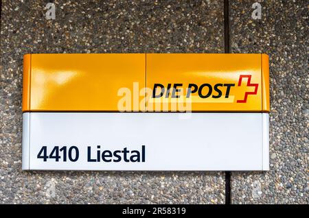 Liestal, Switzerland - May 10, 2023: Signboard of the Swiss Post branch office in Liestal Stock Photo